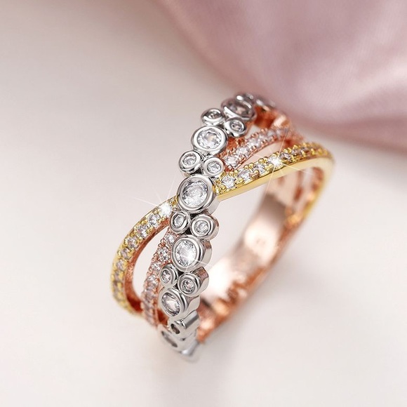 New Copper Muti Color Ring Zircon Crystal Bling Gift Gold Silver Tone 6 7 8 9 10 - Picture 3 of 4
